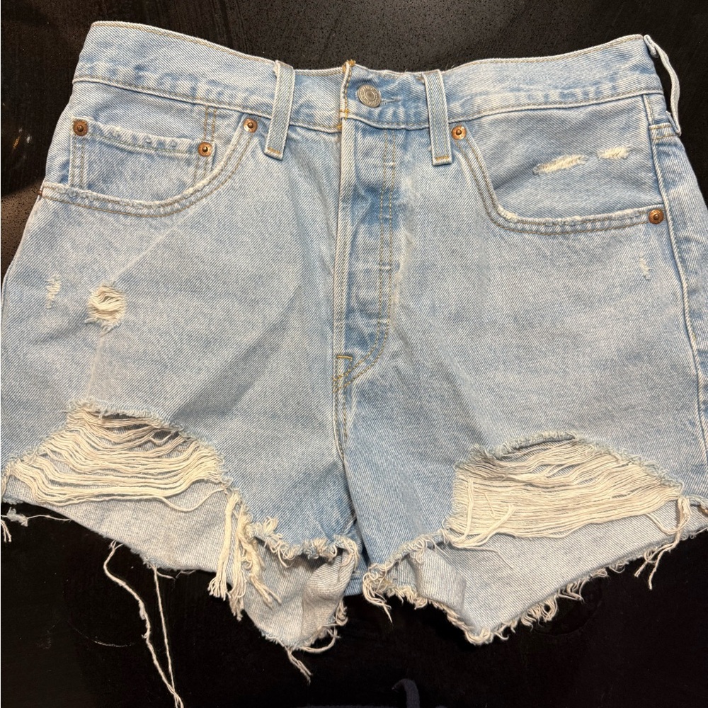 LEVIS 501 Distressed Light Blue Denim Shorts